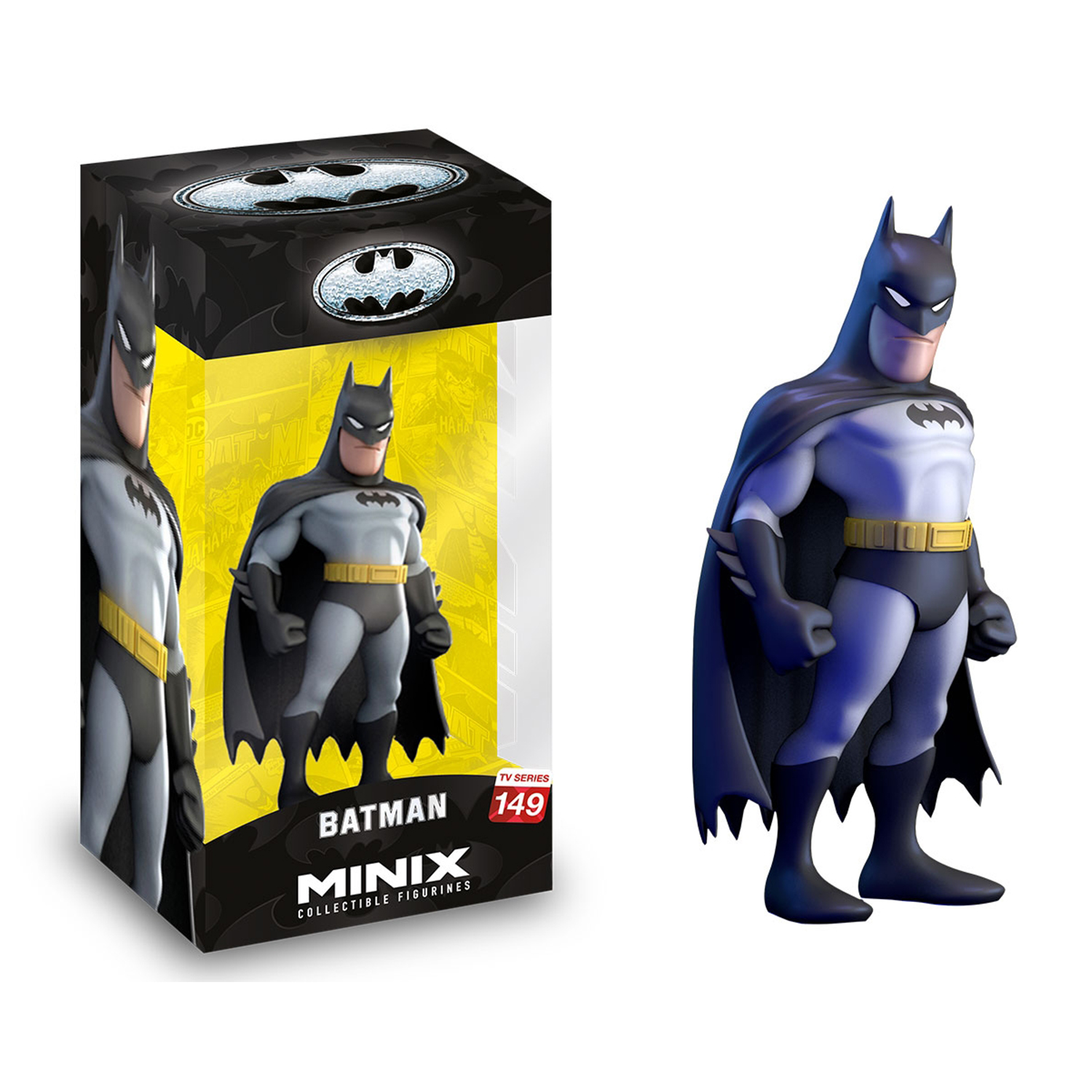Figura di Batman con scatola. La figura è grigia e nera con mantello.