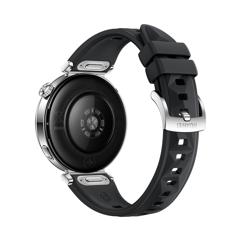 Nahaufnahme der Rückseite einer Smartwatch mit schwarzem Armband.
