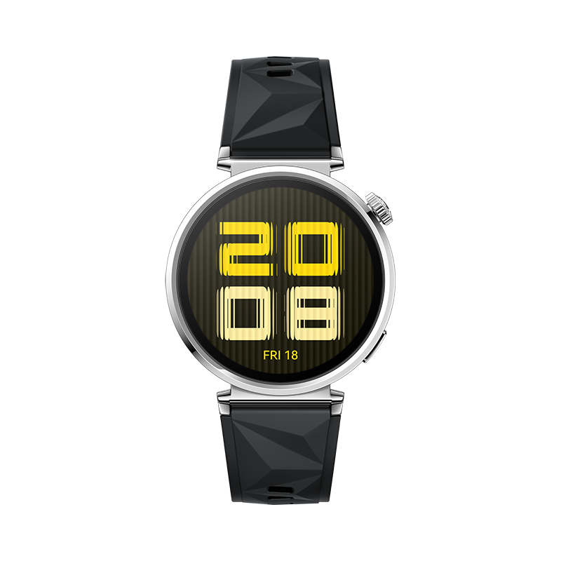 Silberne Smartwatch mit schwarzem Armband. Anzeige zeigt digitale Zeit und Datum, gelb auf grün.