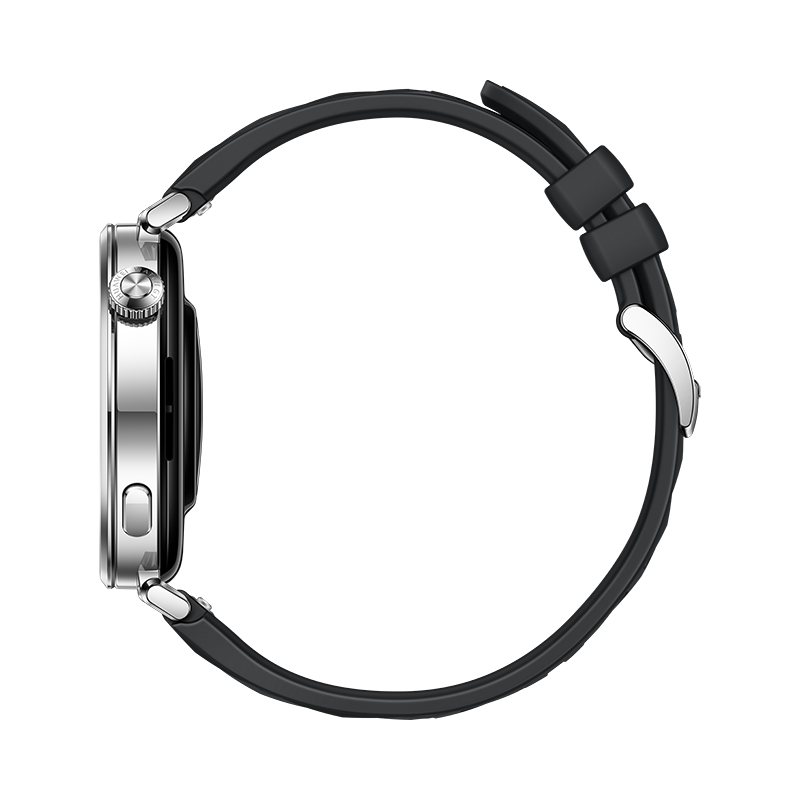 Silberne Smartwatch mit schwarzem Armband, Seitenansicht.