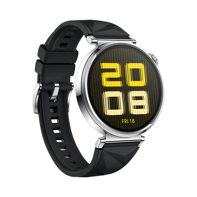Smartwatch mit schwarzem Armband, das Zeit und Datum anzeigt.