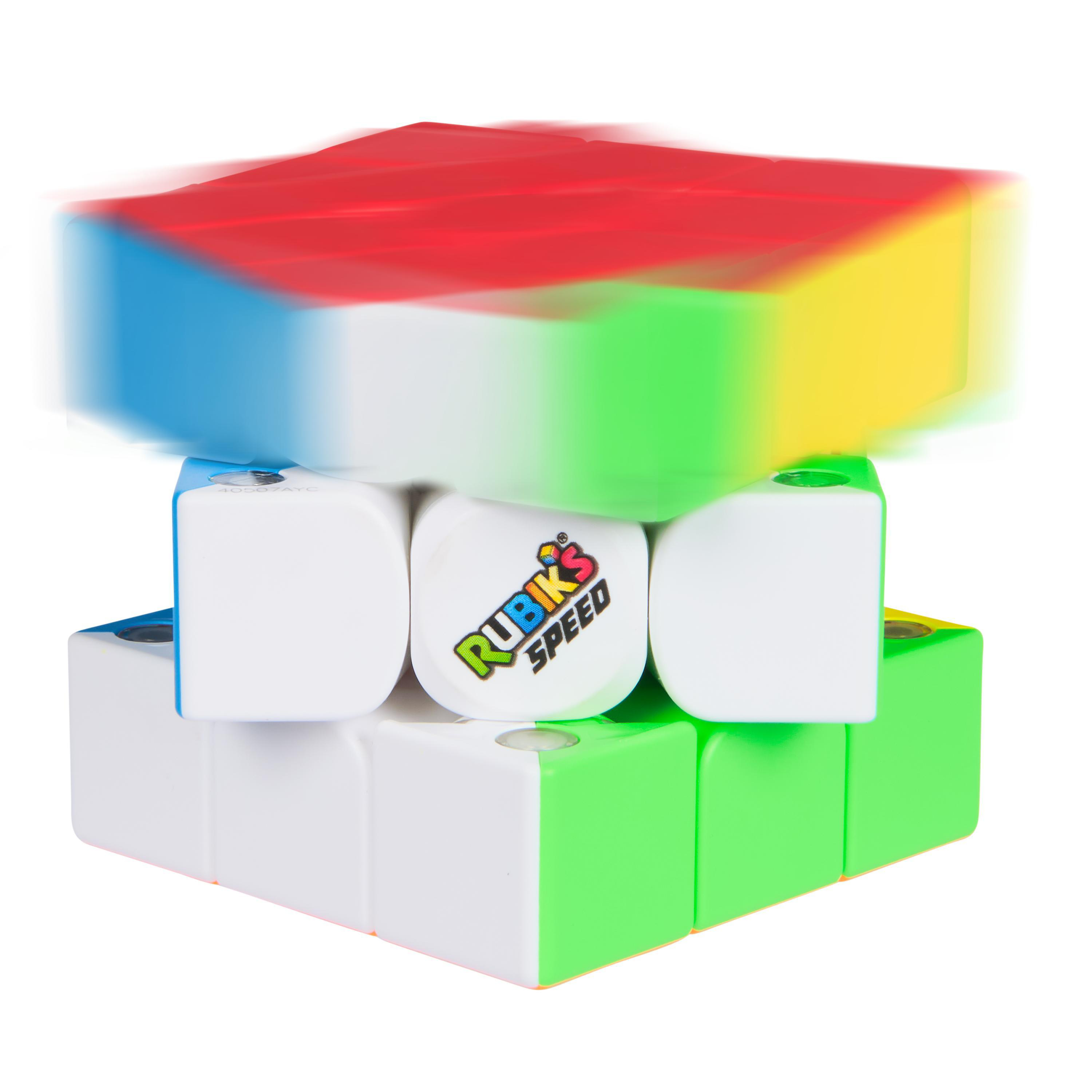 Ein Rubik's Cube mit beweglichen Teilen, rot, blau und grün. Weißer Hintergrund.