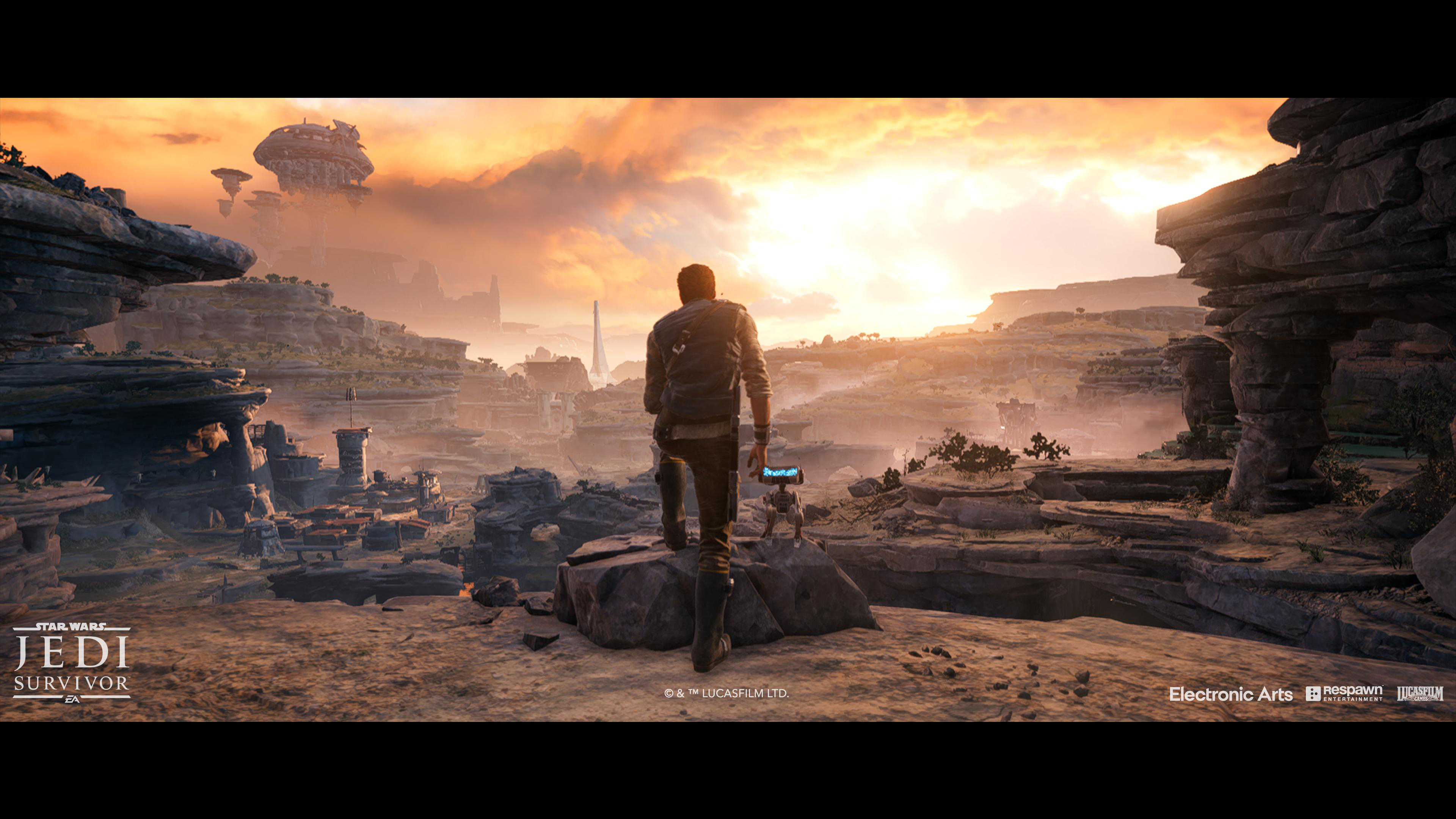 Ein Mann geht auf eine futuristische Stadt in einer Sonnenuntergangslandschaft zu, mit Roboter.