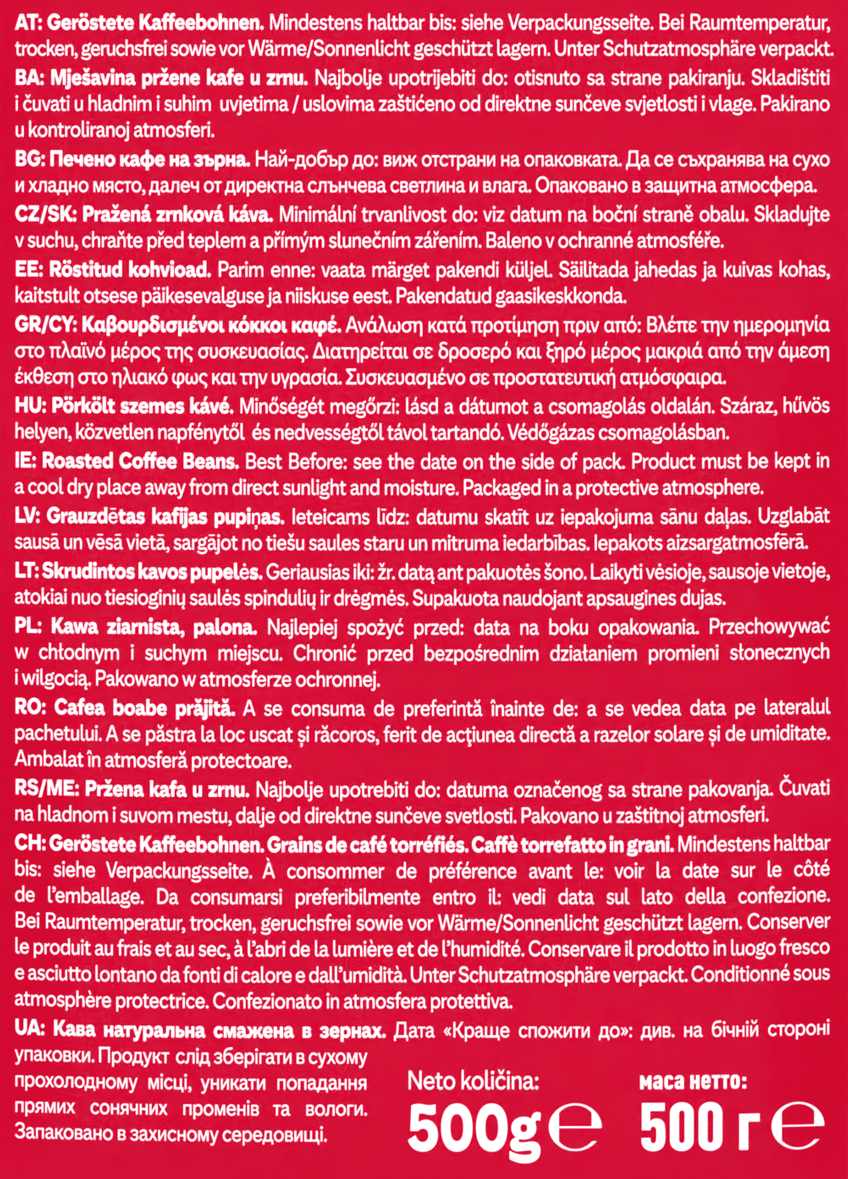 Tekst na torebce kawy. Opisuje produkt i warunki jego przechowywania. Waga netto to 500g.