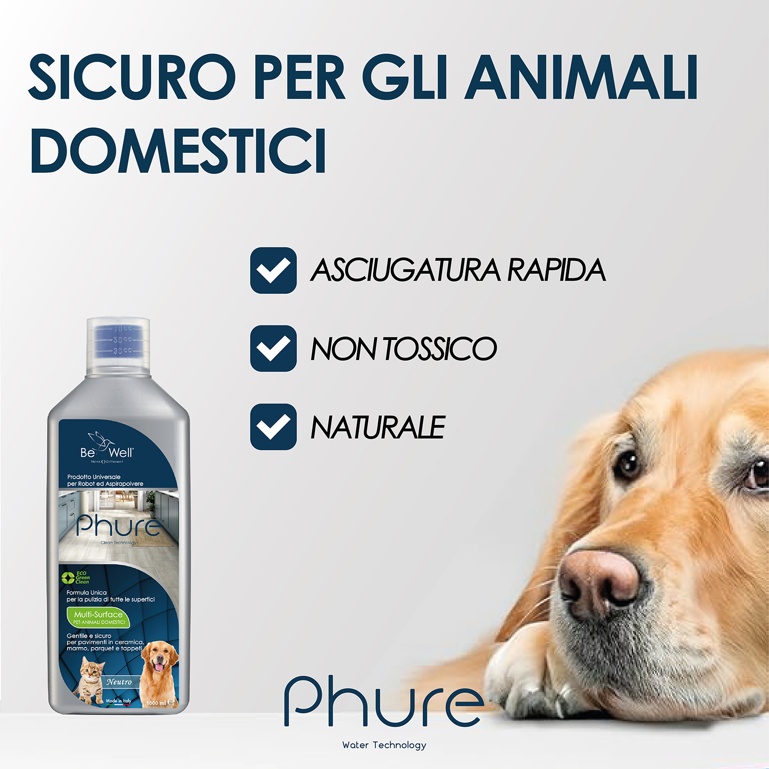 Bottiglia del prodotto con testo e cane. Spunte per asciugatura rapida, non tossico e naturale.