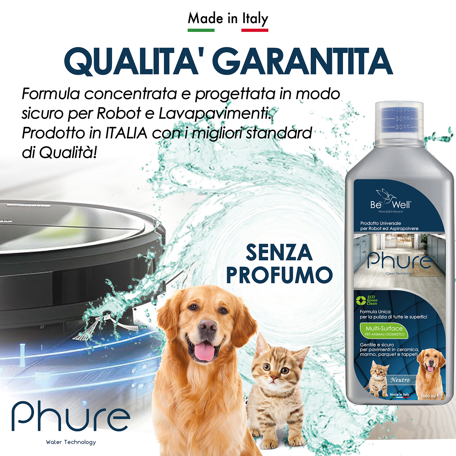 Scatto del prodotto con una bottiglia di liquido detergente, cani e un gatto.