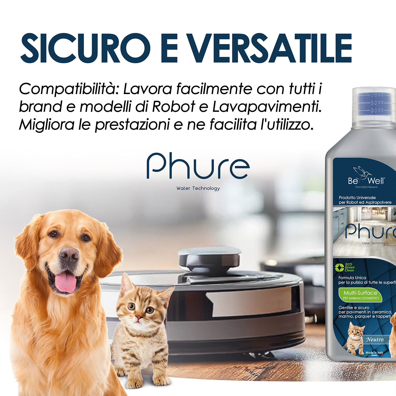 Cane e gatto con un robot aspirapolvere. Una bottiglia di prodotto per la pulizia a destra.