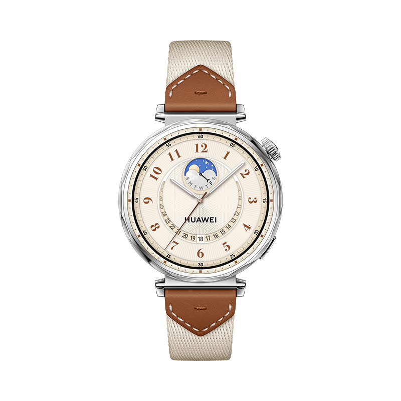 Eine silberne Huawei Smartwatch mit cremefarbenem Zifferblatt und braunem Lederarmband, das Zeit und Datum anzeigt.