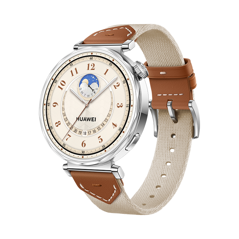 Huawei Smartwatch. Rundes Zifferblatt mit braunem Armband, silbernes Gehäuse. Zeigt Zeit und Mondphase.