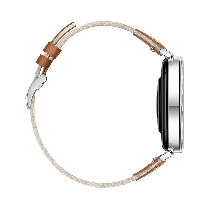 Seitenansicht einer Smartwatch mit braunem Lederarmband und silberfarbenem Gehäuse.