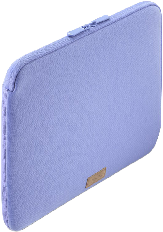 Világos lila laptop tok cipzárral és egy kis márkajelzéssel.