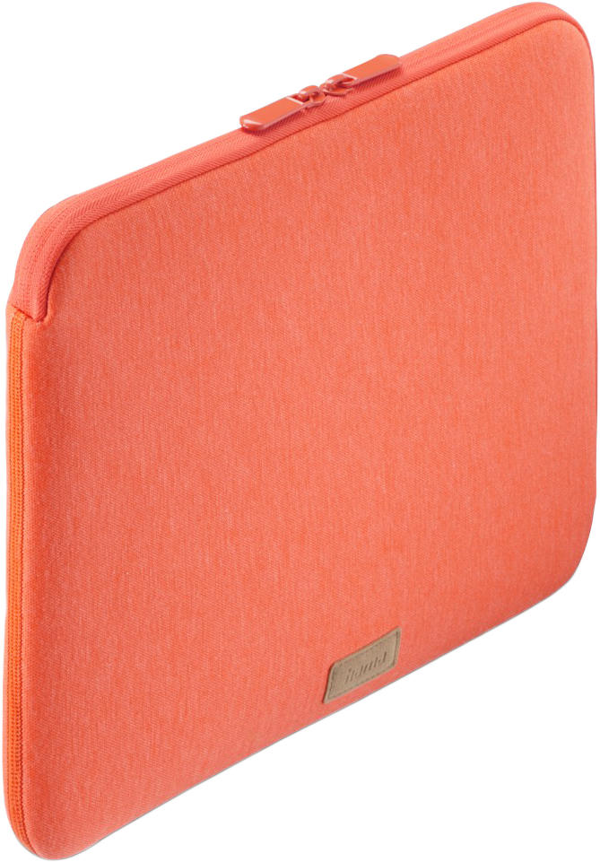 Egy narancssárga laptoptok cipzárral és egy kis címkével.