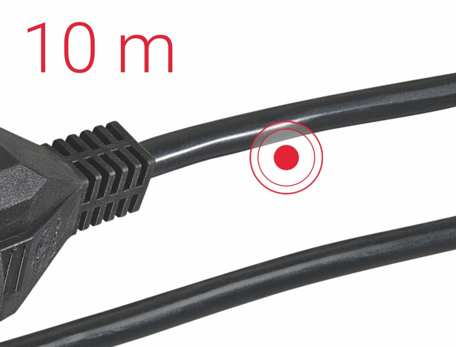 Czarny kabel zasilający z czerwonym kółkiem wskazującym 10 metrów.