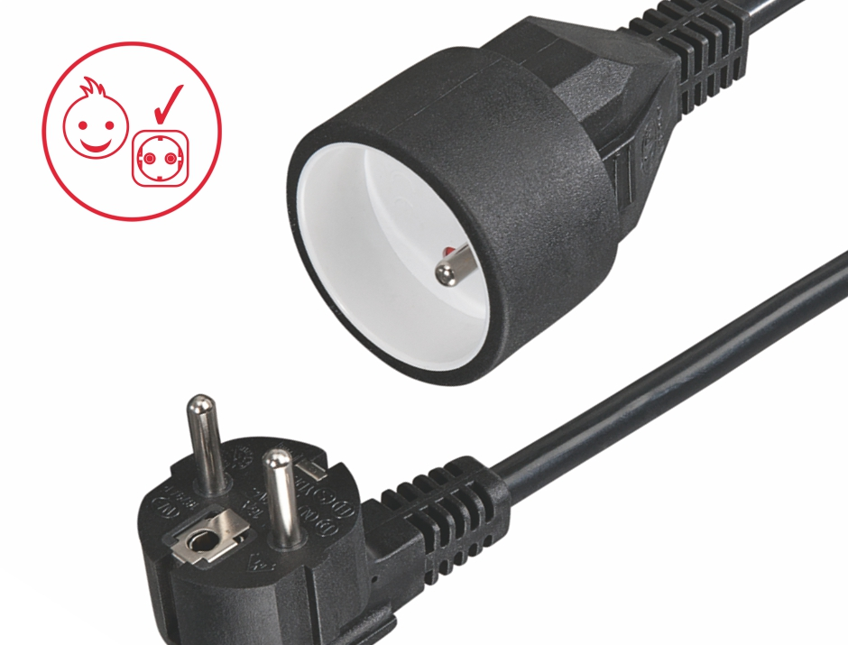 Czarna wtyczka i gniazdo, białe tło, z uśmiechniętą buzią.