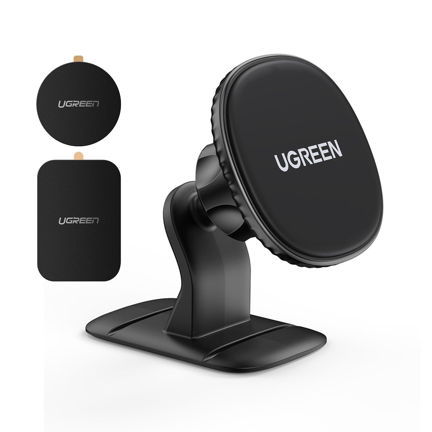 Manyetik tabanlı ve iki ek manyetik plakalı siyah bir UGREEN telefon tutucu.