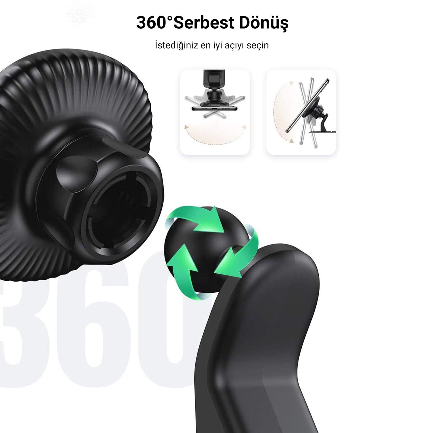 360 derece dönüşe sahip bir araç telefon tutucusu.