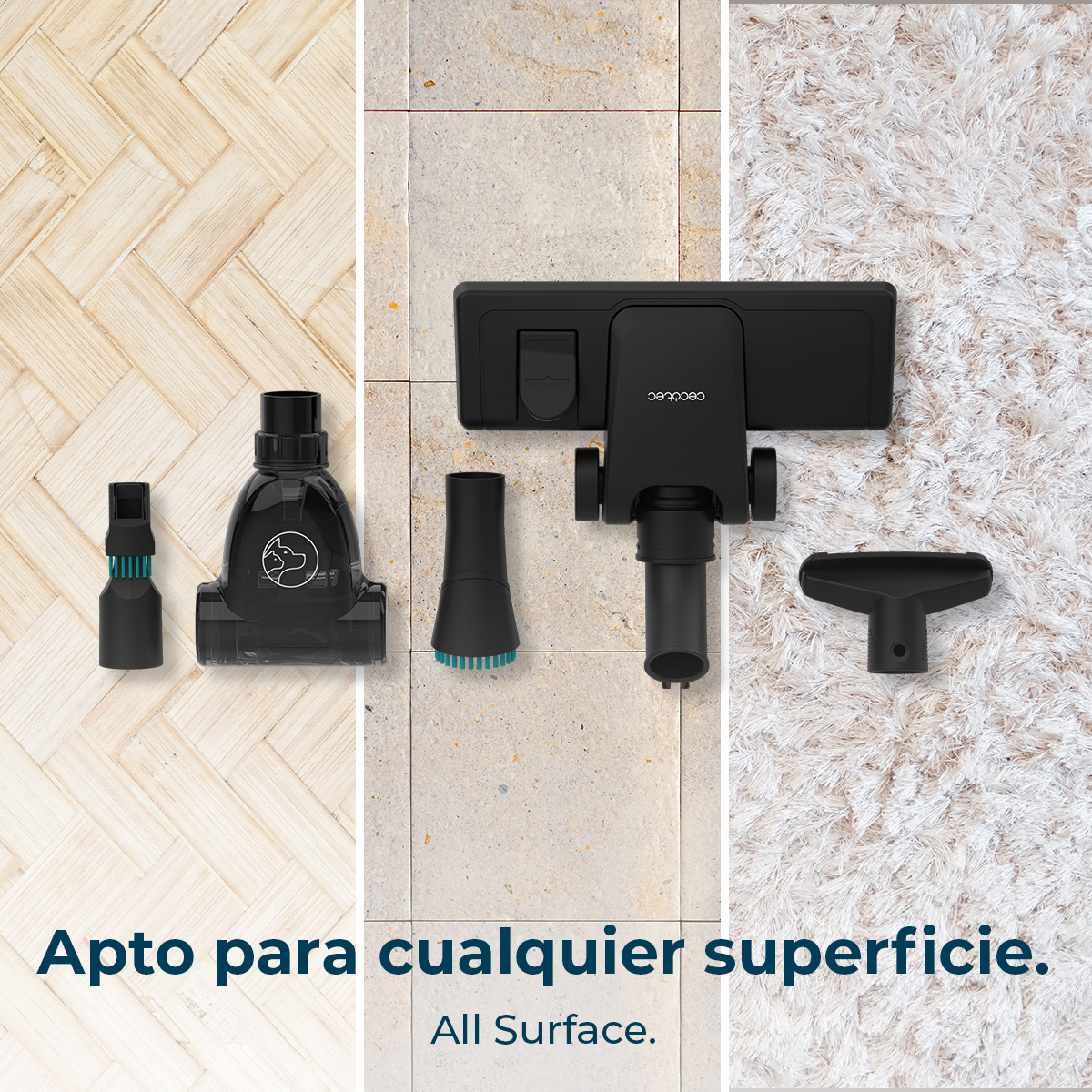 Accesorios de aspiradora en diferentes superficies: madera, azulejo y alfombra, mostrando versatilidad.