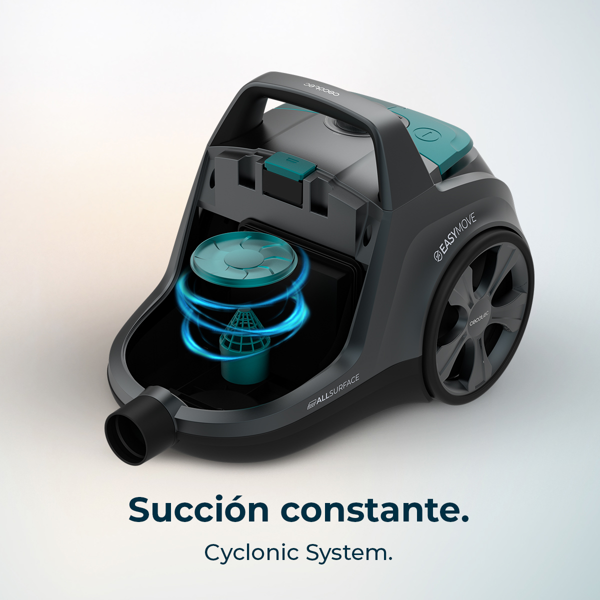 Aspiradora Cecotec negra. El compartimento abierto muestra un filtro azul giratorio.