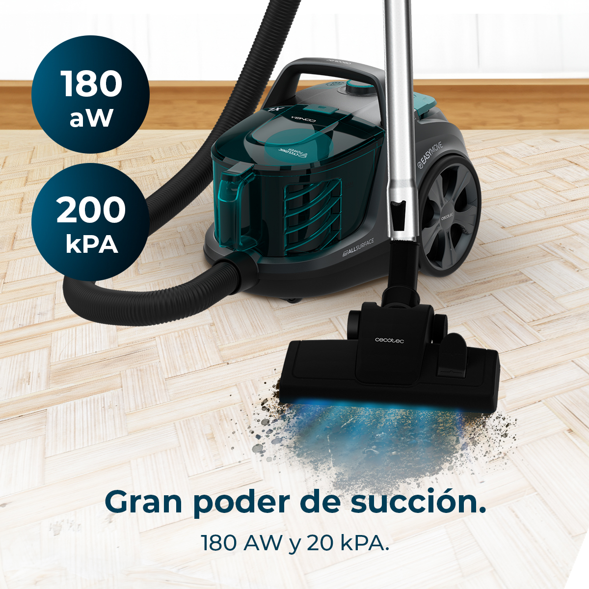 Aspiradora negra, mostrando potencia de succión y parámetros, sobre suelo de madera.