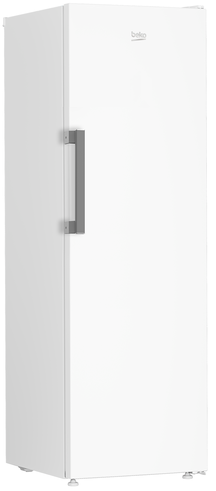 Ein weißer Beko-Gefrierschrank steht aufrecht. Er hat einen silbernen Griff und das Beko-Logo. Der Gefrierschrank steht auf schwarzem Hintergrund.