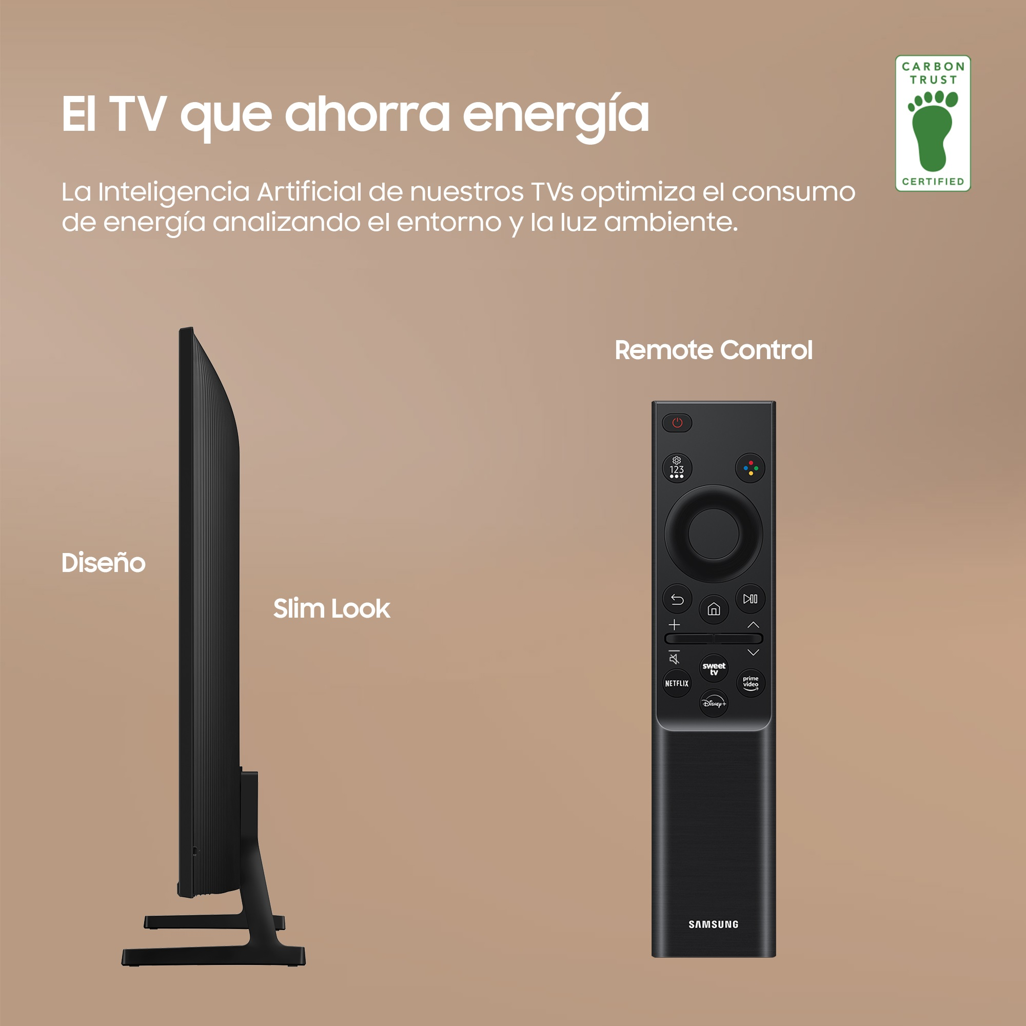 TV y mando a distancia. El televisor es negro y delgado; el mando es negro. El texto es visible en la imagen.