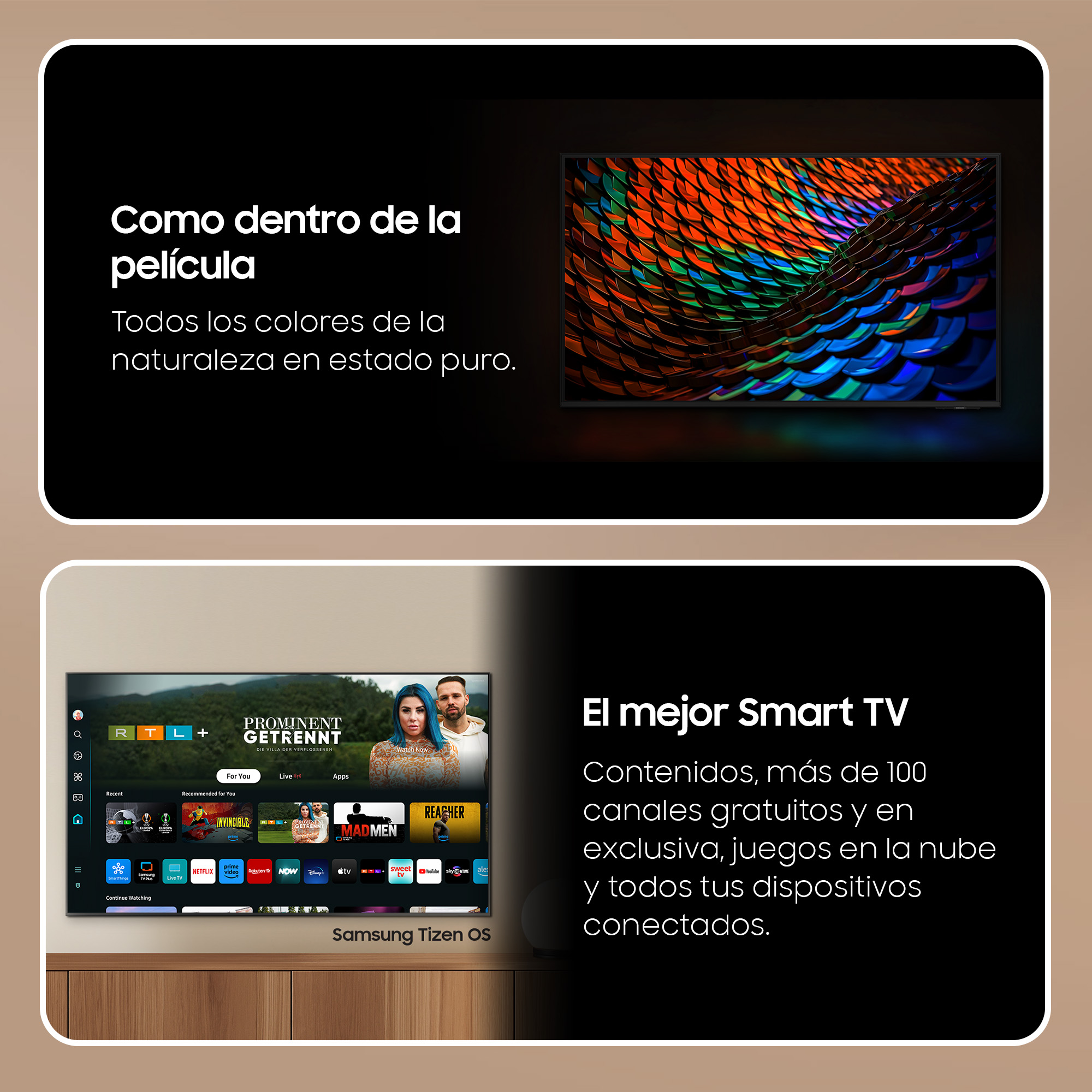 Dos paneles de texto con un televisor mostrando Oppenheimer y otro con una interfaz de TV.