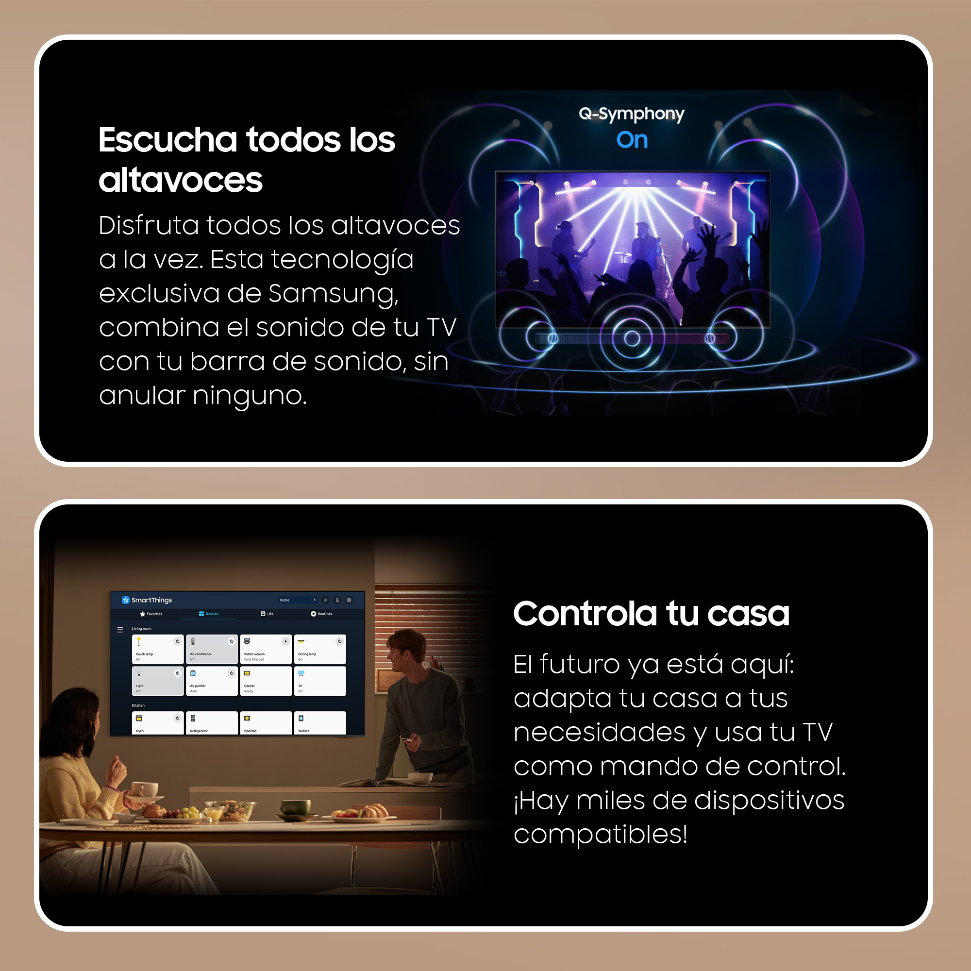 Un gráfico que muestra los beneficios de SmartThings y Q-Symphony, con un televisor en el fondo.