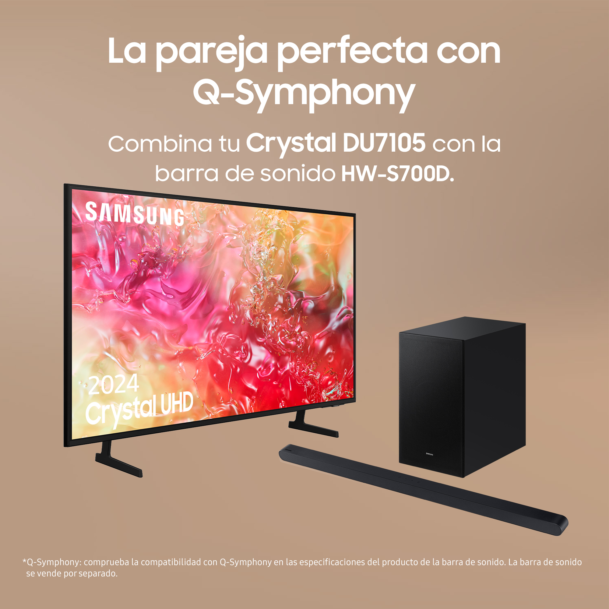 Un televisor, una barra de sonido y un subwoofer se muestran en una superficie clara.
