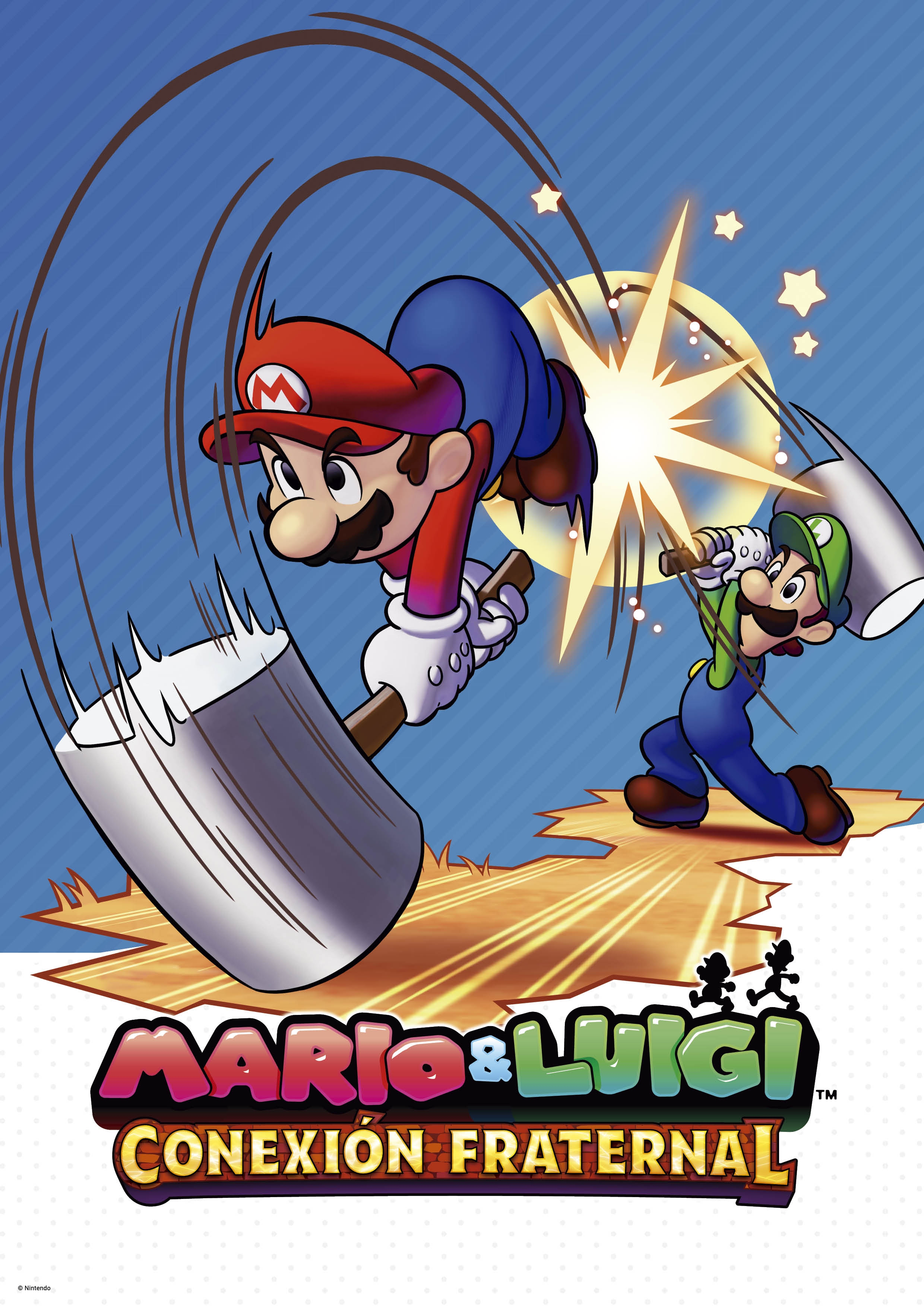 Mario y Luigi con martillos, saltando para golpear algo. Estilo de dibujos animados.