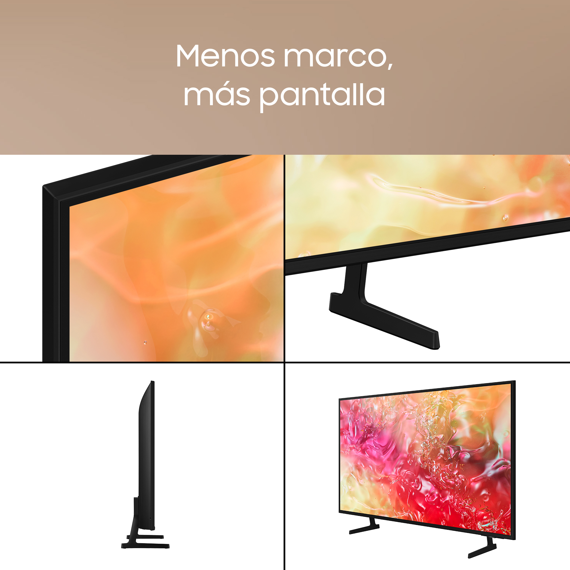 Imágenes de un televisor negro que muestran los bordes y la base. El texto dice 'Menos marco, más pantalla'.