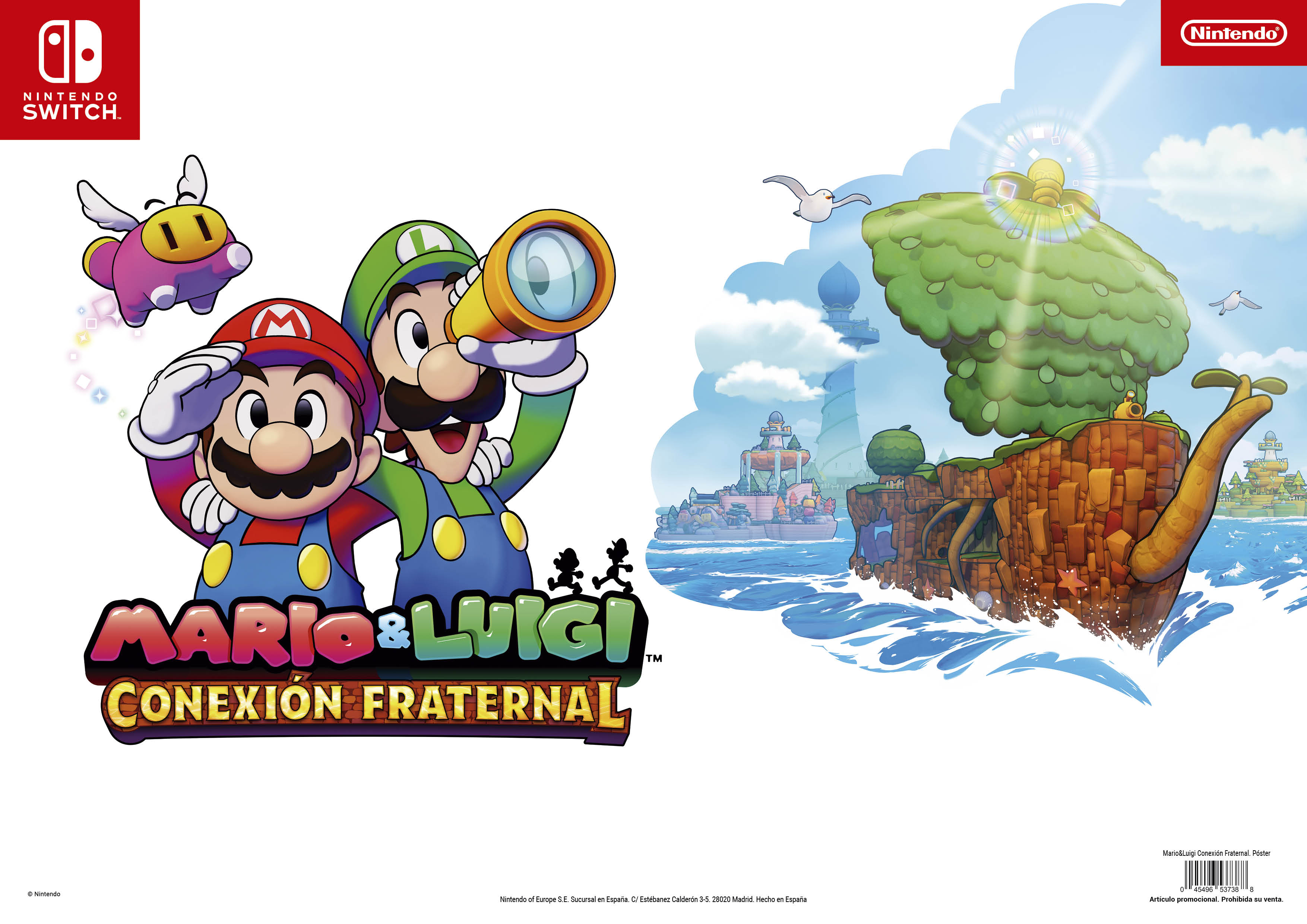 Mario y Luigi con binoculares y un personaje rosa flotando en el cielo. El título del juego está presente.