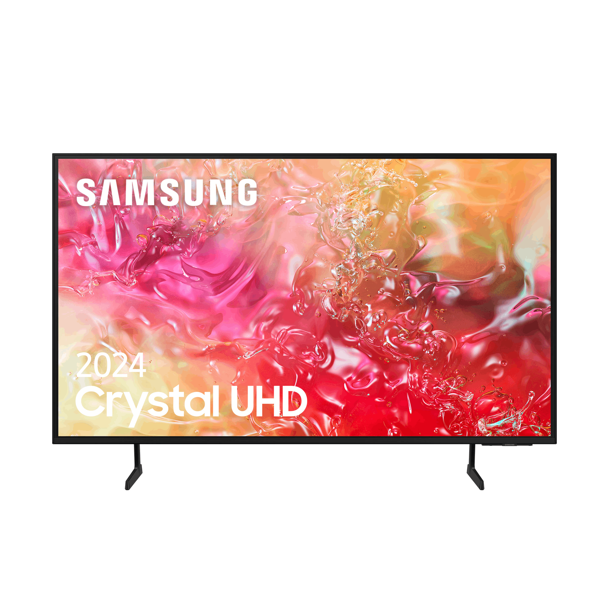 Un televisor Samsung que muestra una imagen colorida sobre un fondo blanco, con su soporte visible.