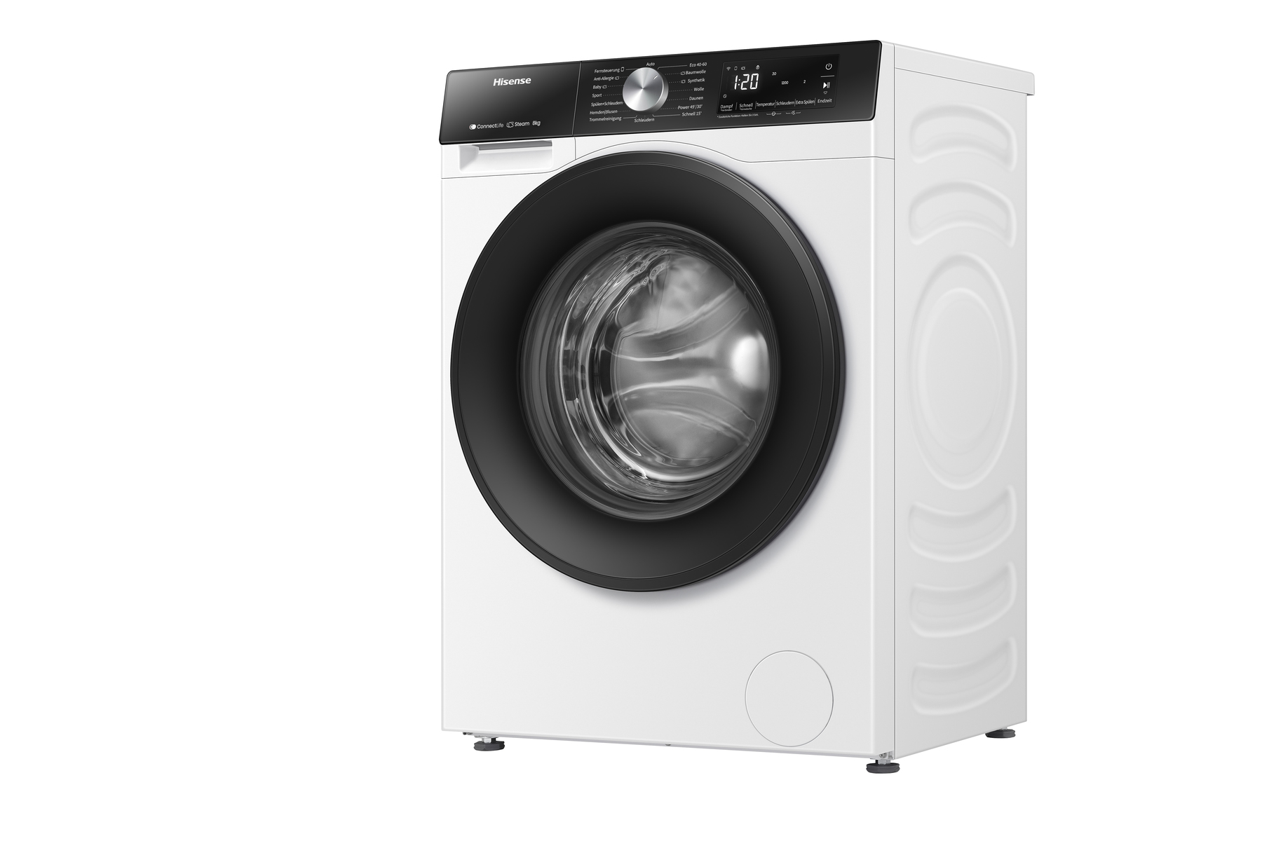Eine weiße Hisense Waschmaschine mit schwarzer Tür. Das Bedienfeld befindet sich oben.