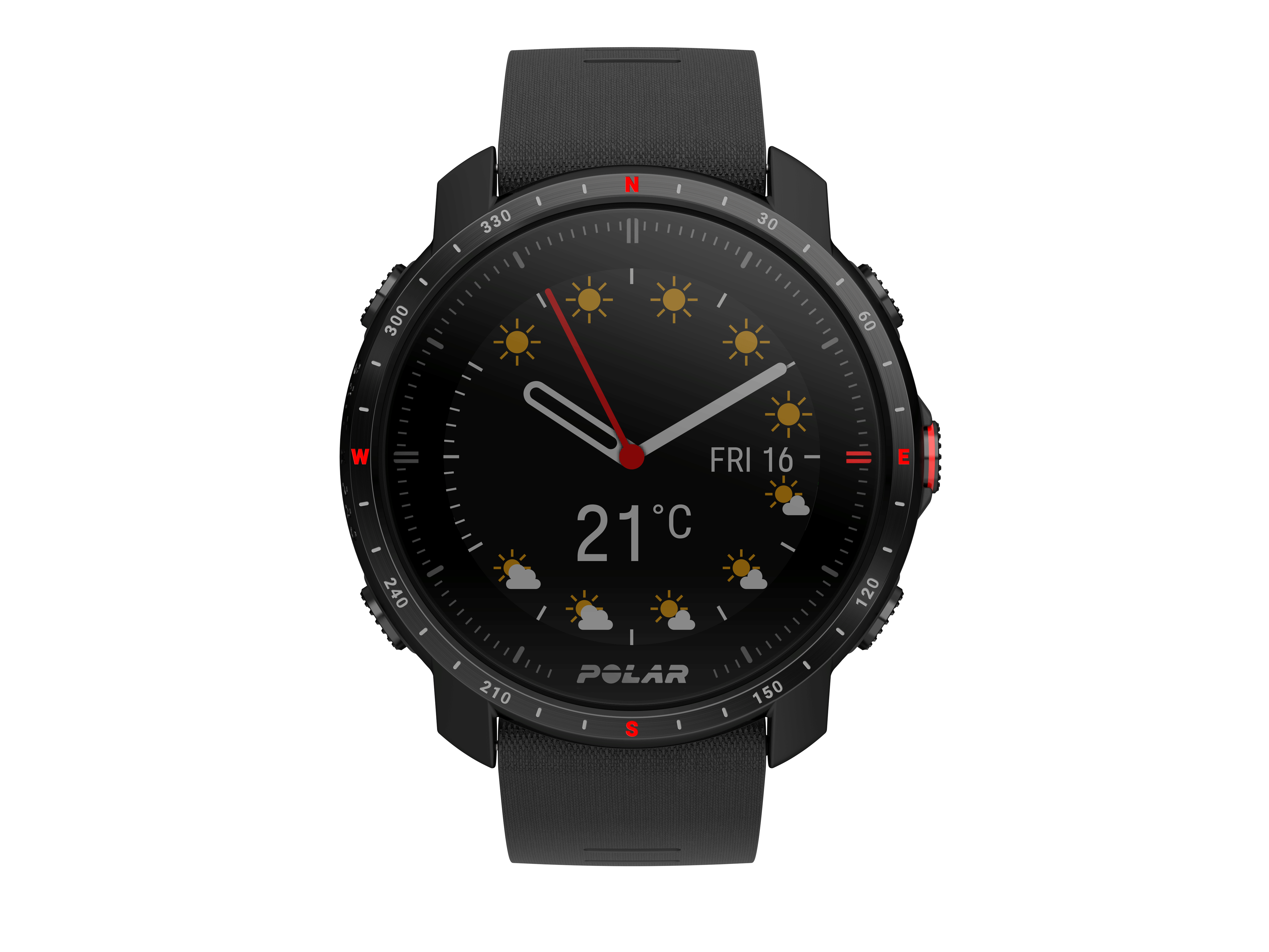 Schwarze Smartwatch. Schwarzes Armband. Schwarzer Bildschirm zeigt Zeit, Wetter und Datum.