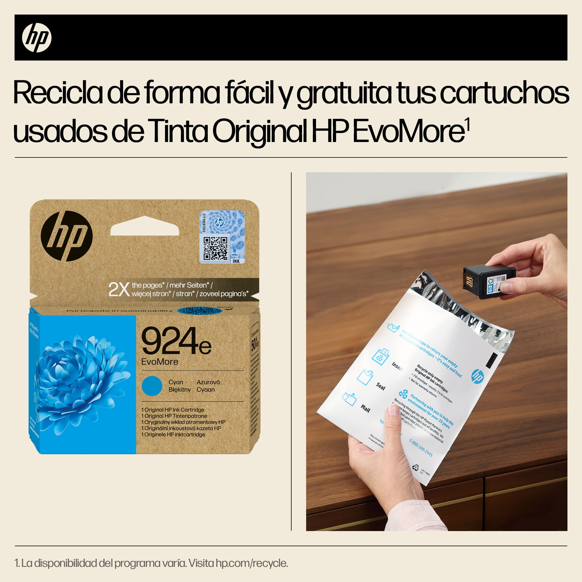 Embalaje de cartucho de tinta HP con cartucho azul y guía de reciclaje.