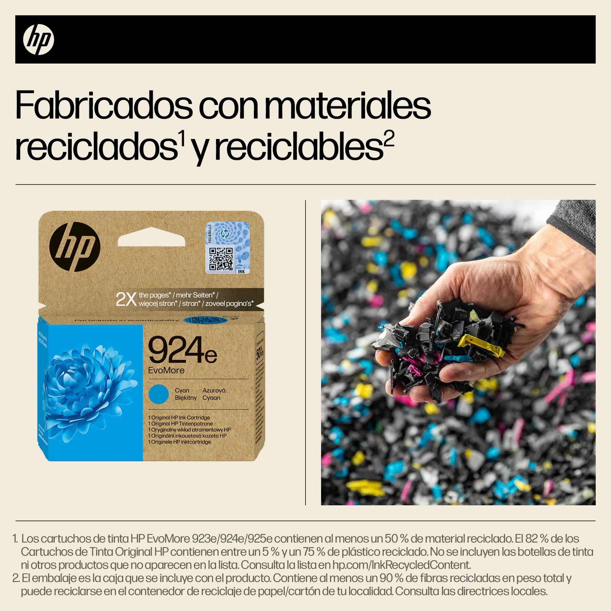 Una caja de cartuchos de tinta HP con un diseño de flor azul y una pila de plástico triturado.