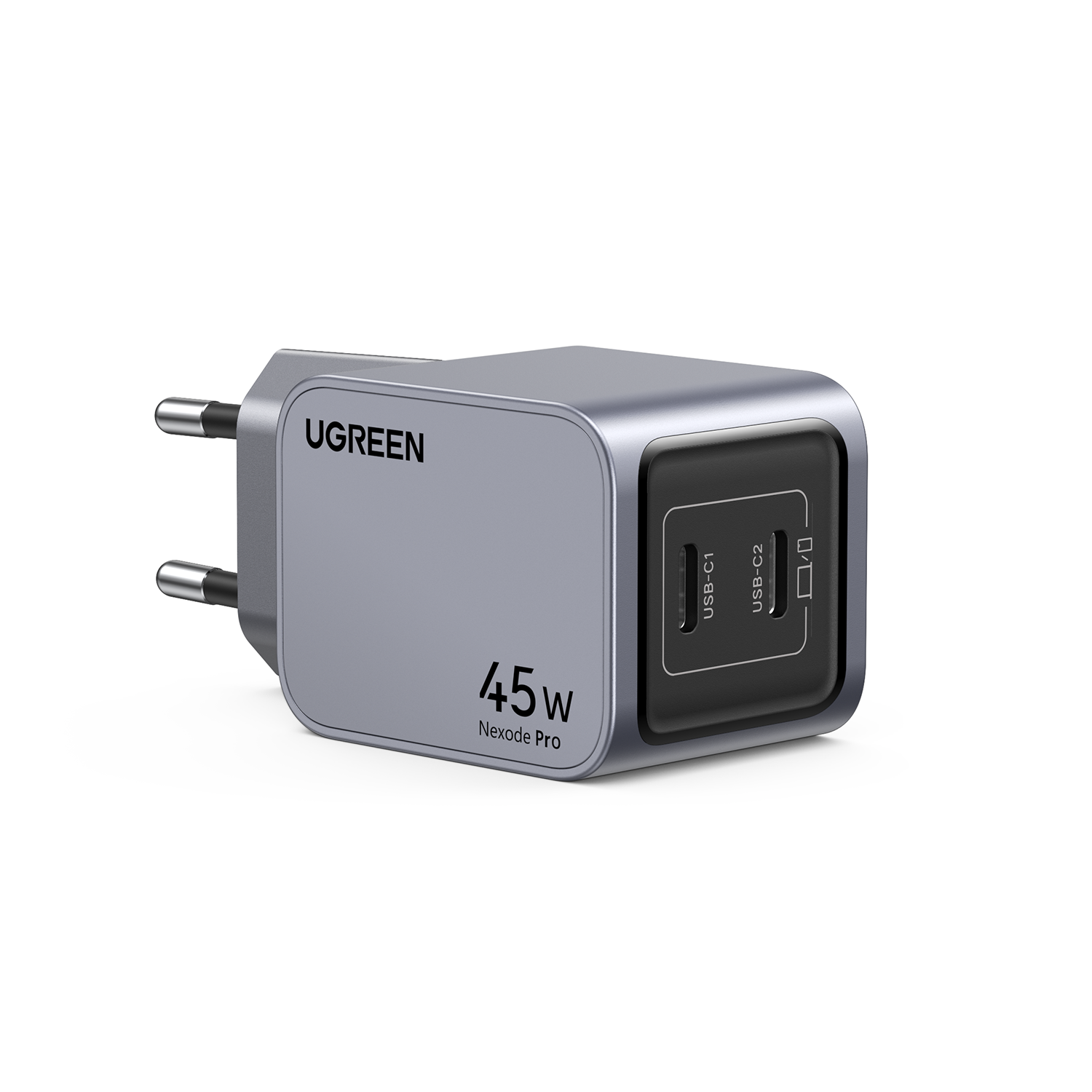 Gri bir UGREEN 45W Nexode Pro şarj cihazı, iki USB bağlantı noktası ve bir fiş.