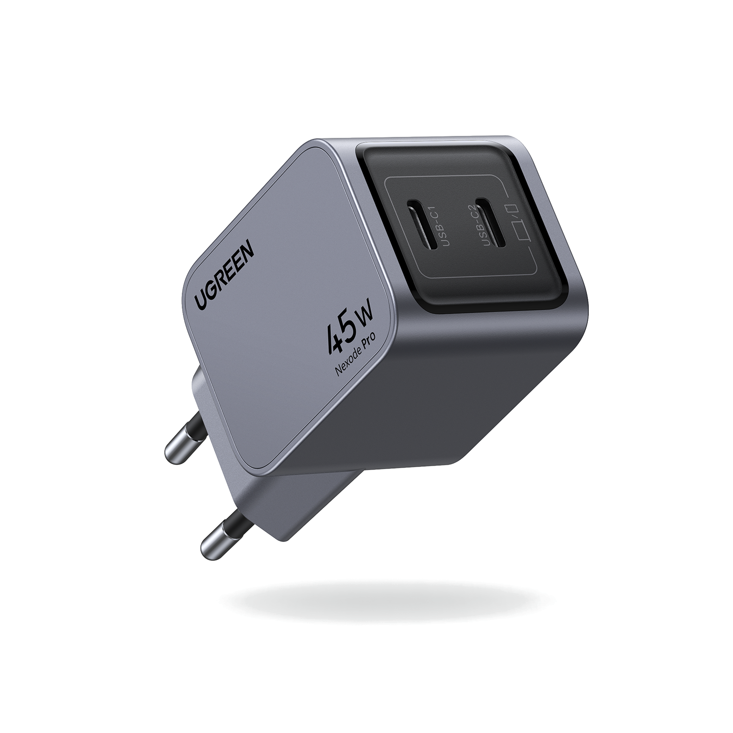 Ugreen 45W Nexode Pro şarj cihazı, gri, iki USB-C bağlantı noktasıyla.