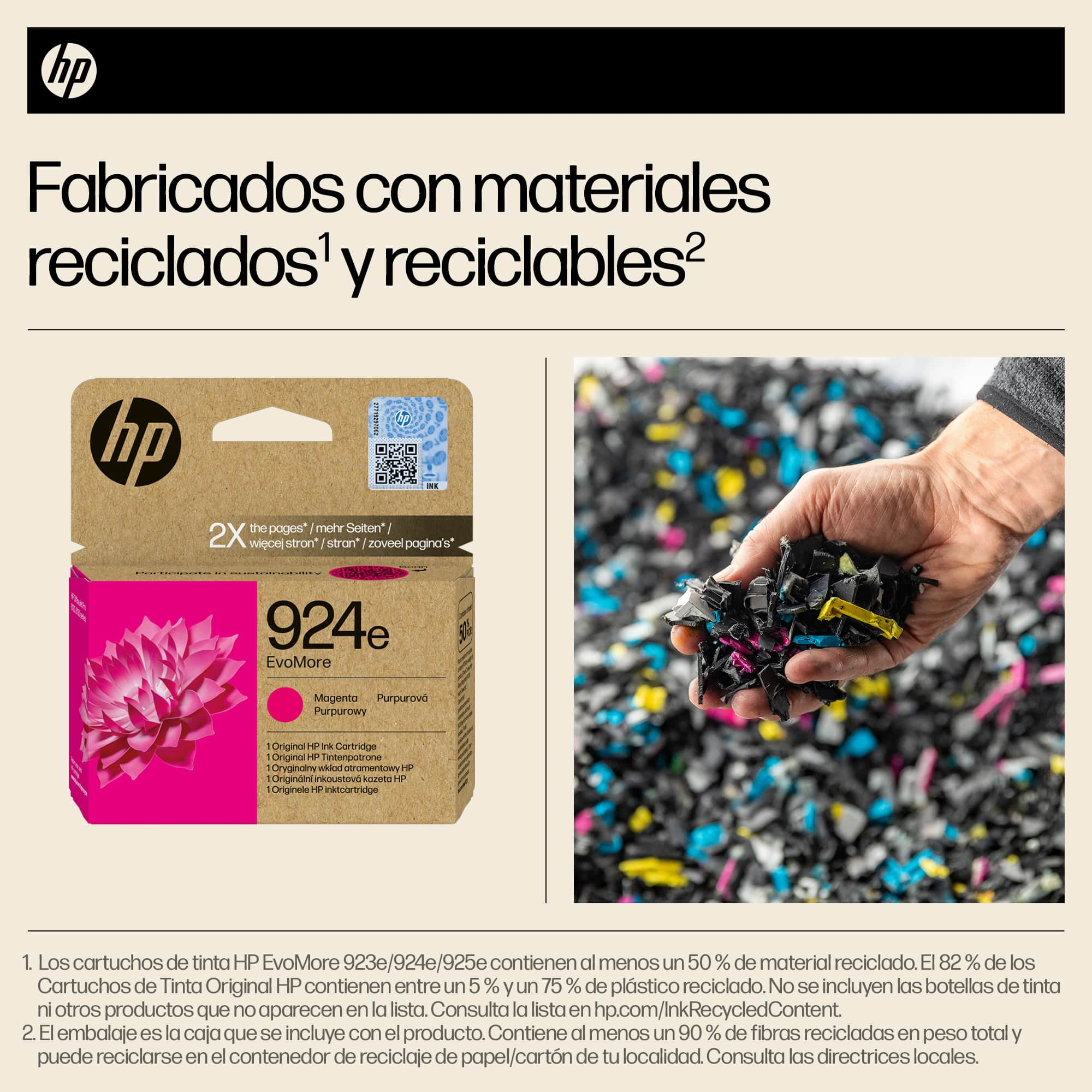 Empaquetado de cartucho de tinta HP con mensaje de reciclado y mano con plástico.