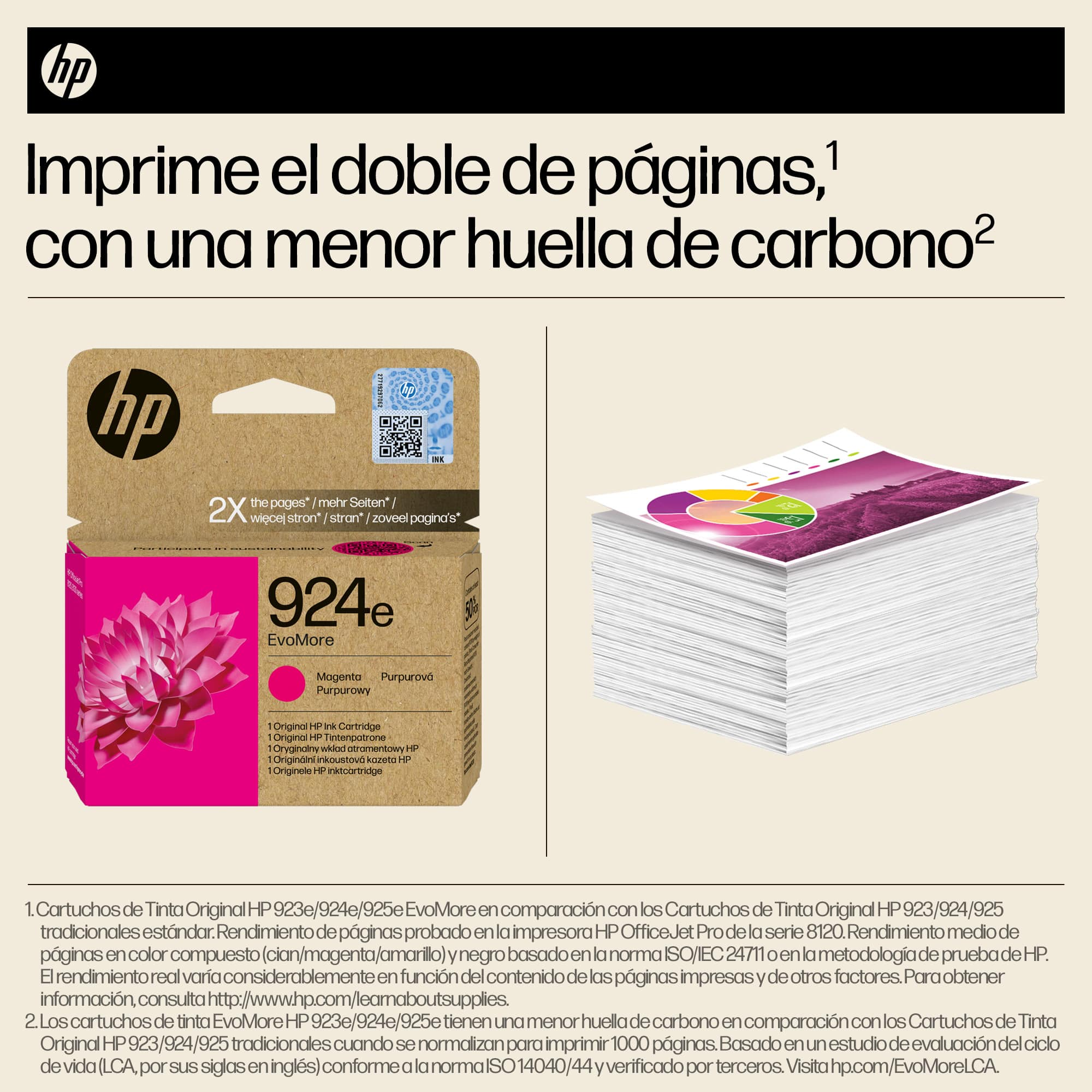 Una caja de cartuchos de tinta HP con tinta magenta y texto con una pila de papel.