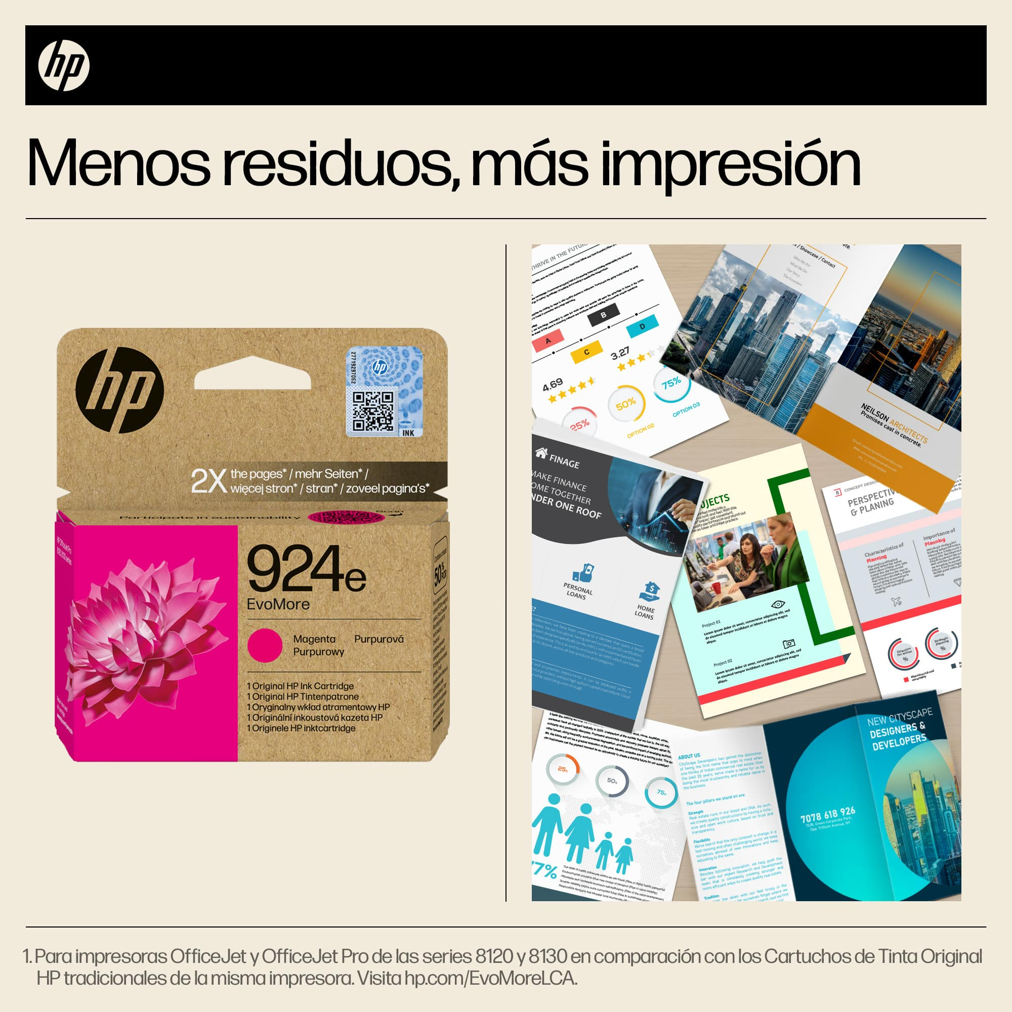 Una caja de tinta HP y muestras de impresión. Caja de tinta rosa con la palabra 'magenta'. Varias muestras de impresión.