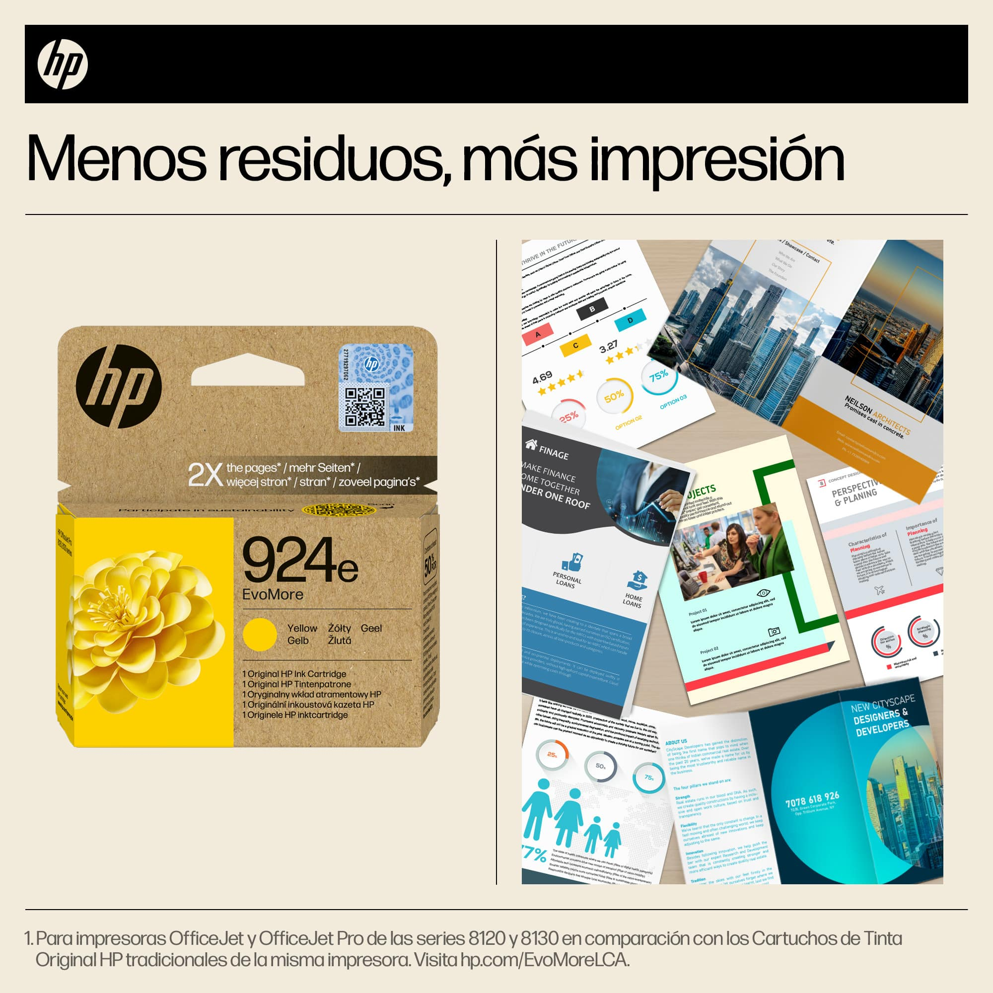 Cartucho de tinta HP amarillo con imagen de flor, junto a impresiones de documentos e infografías.
