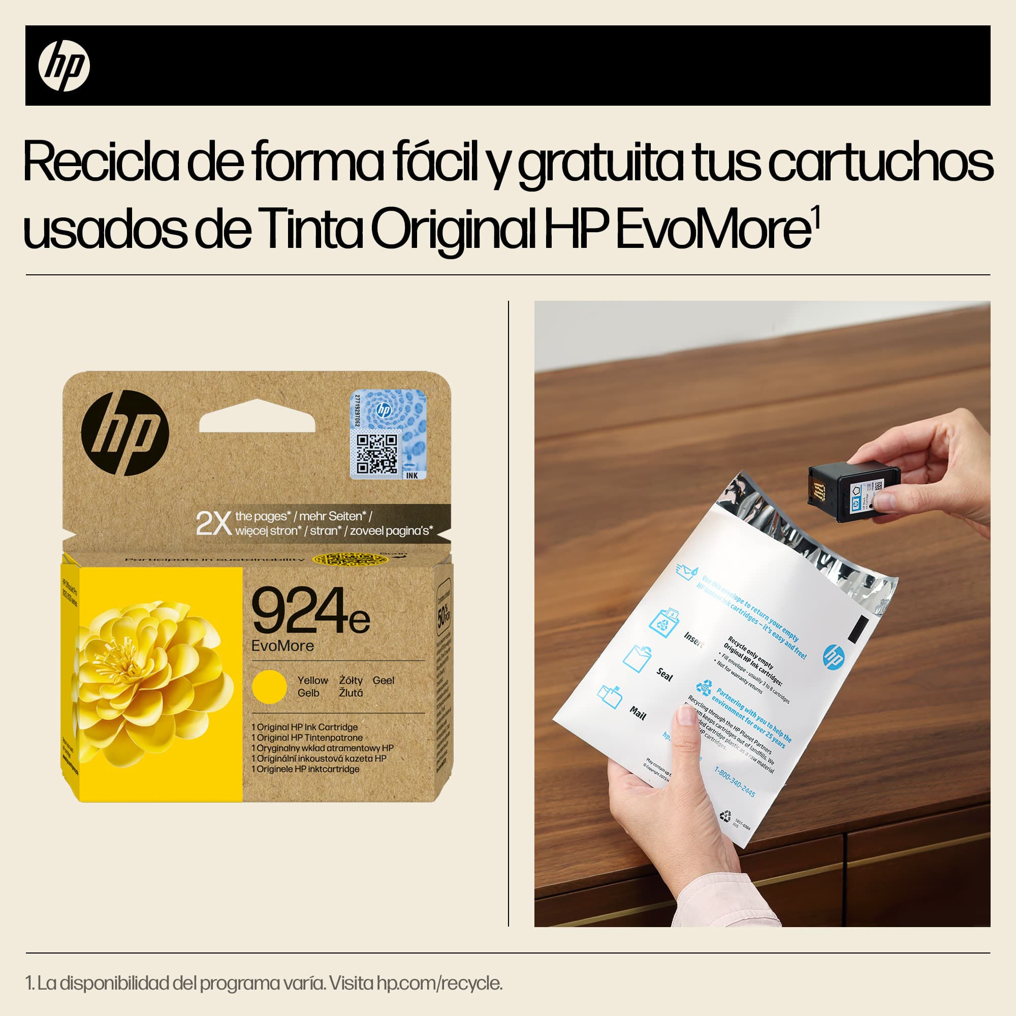 Cartuchos de tinta HP y una mano sosteniendo un paquete. Texto: Recicla de forma fácil y gratuita tus cartuchos.
