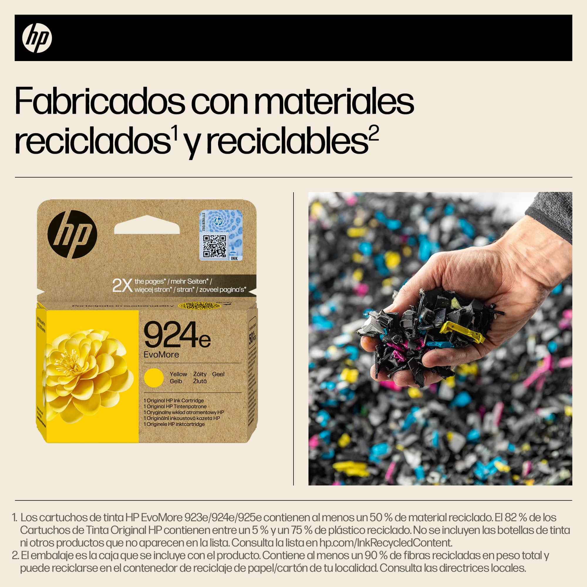 Una caja de cartuchos de tinta amarilla con un gráfico de reciclaje y piezas de plástico reciclado.