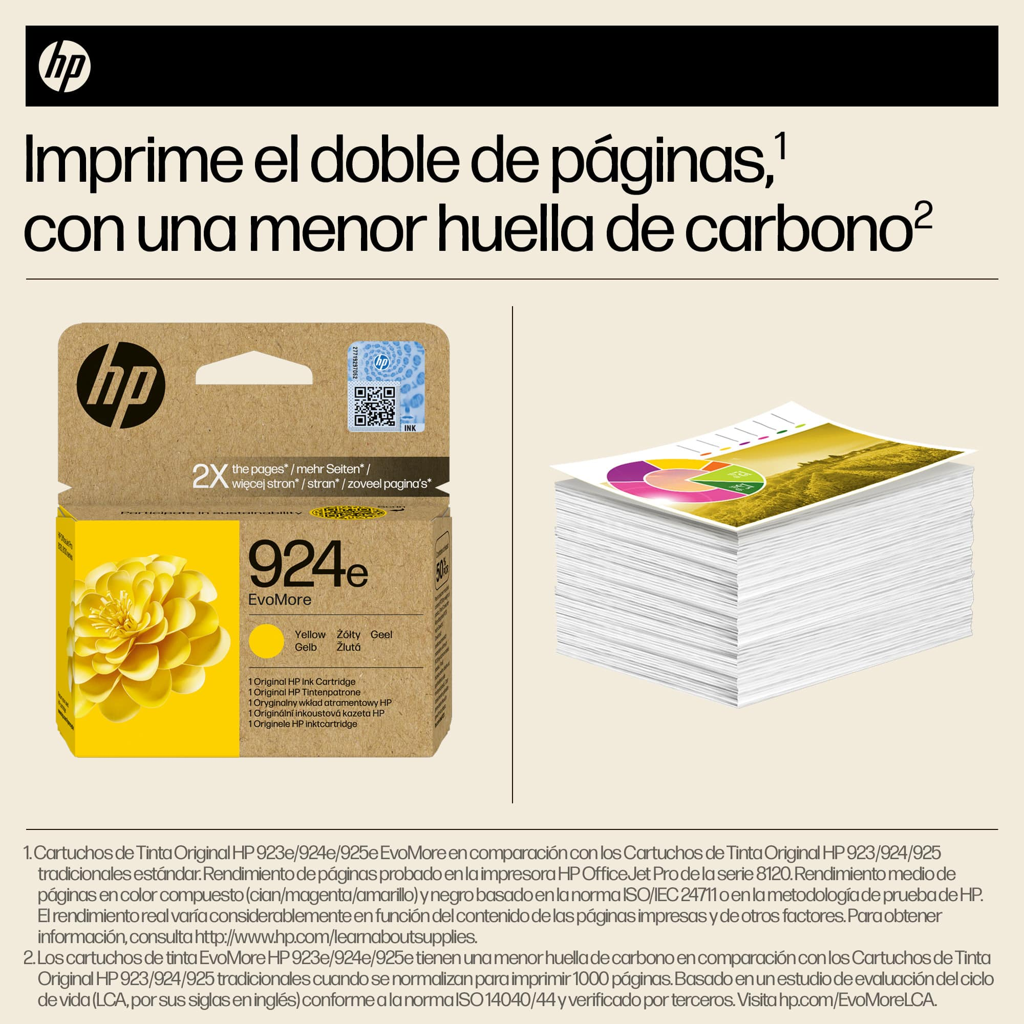Cartucho de tinta HP con imagen de flor amarilla. Texto en español sobre imprimir más páginas.
