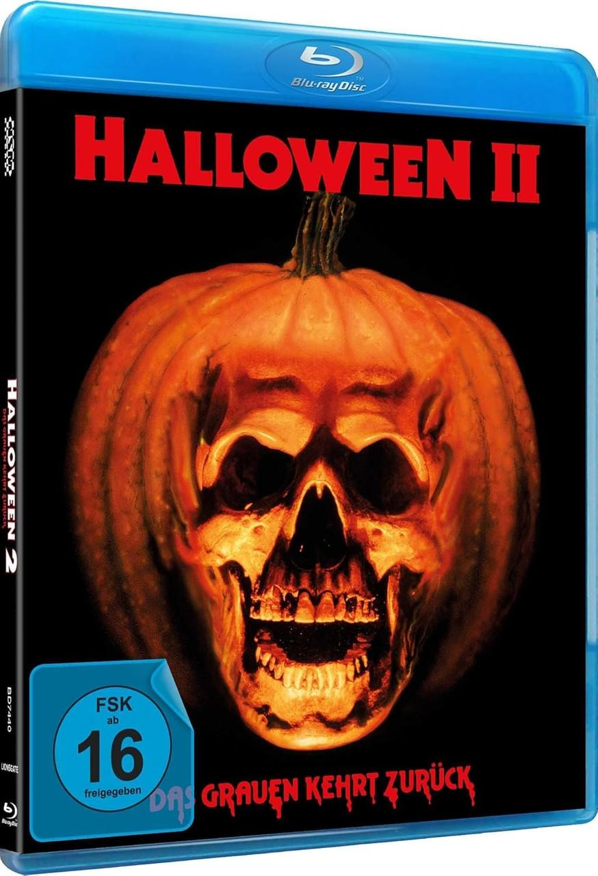 Blu-ray-Disc von Halloween II, ein Kürbisschädel auf dem Cover, mit schwarzem Hintergrund und dem Filmtitel.