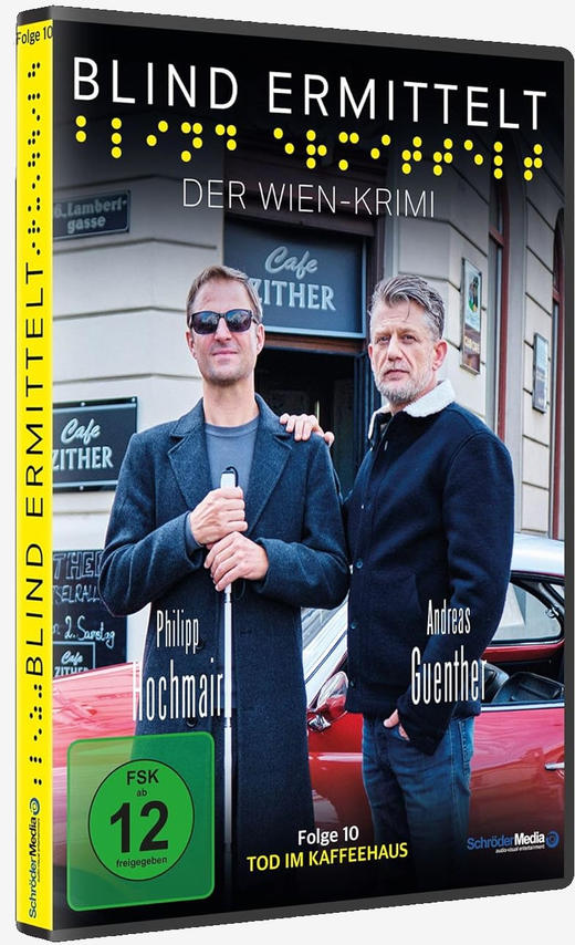 DVD-Cover für 'Blind Ermittelt'. Zwei Männer vor einem Gebäude. Text auf Deutsch.