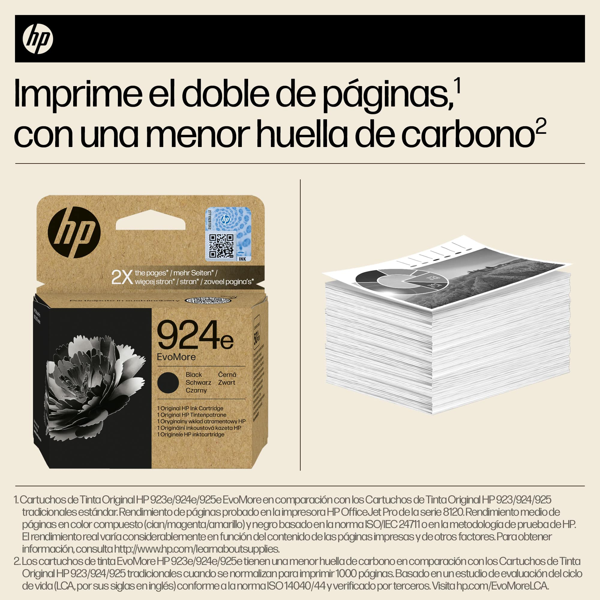 Un paquete de cartuchos de tinta HP con texto y una pila de papeles.