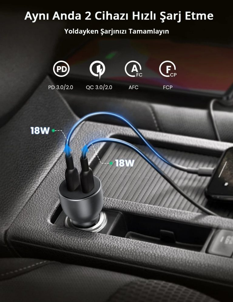 2 USB portlu, şarj kablolu ve hızlı şarj standartları için simgeler içeren bir araç şarj cihazı, bir araba içi.