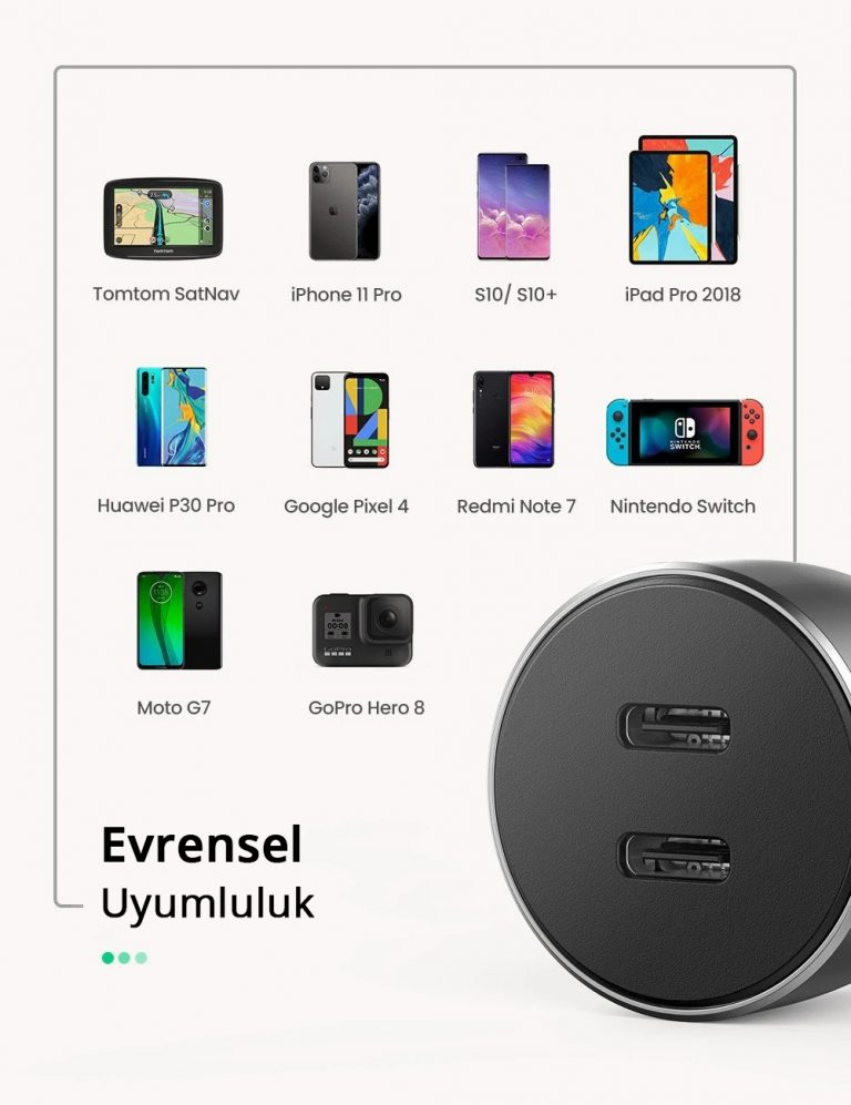 USB portlu araç şarj cihazı. Akıllı telefonlar, tabletler ve Nintendo Switch dahil olmak üzere çeşitli cihazları görüntüler.
